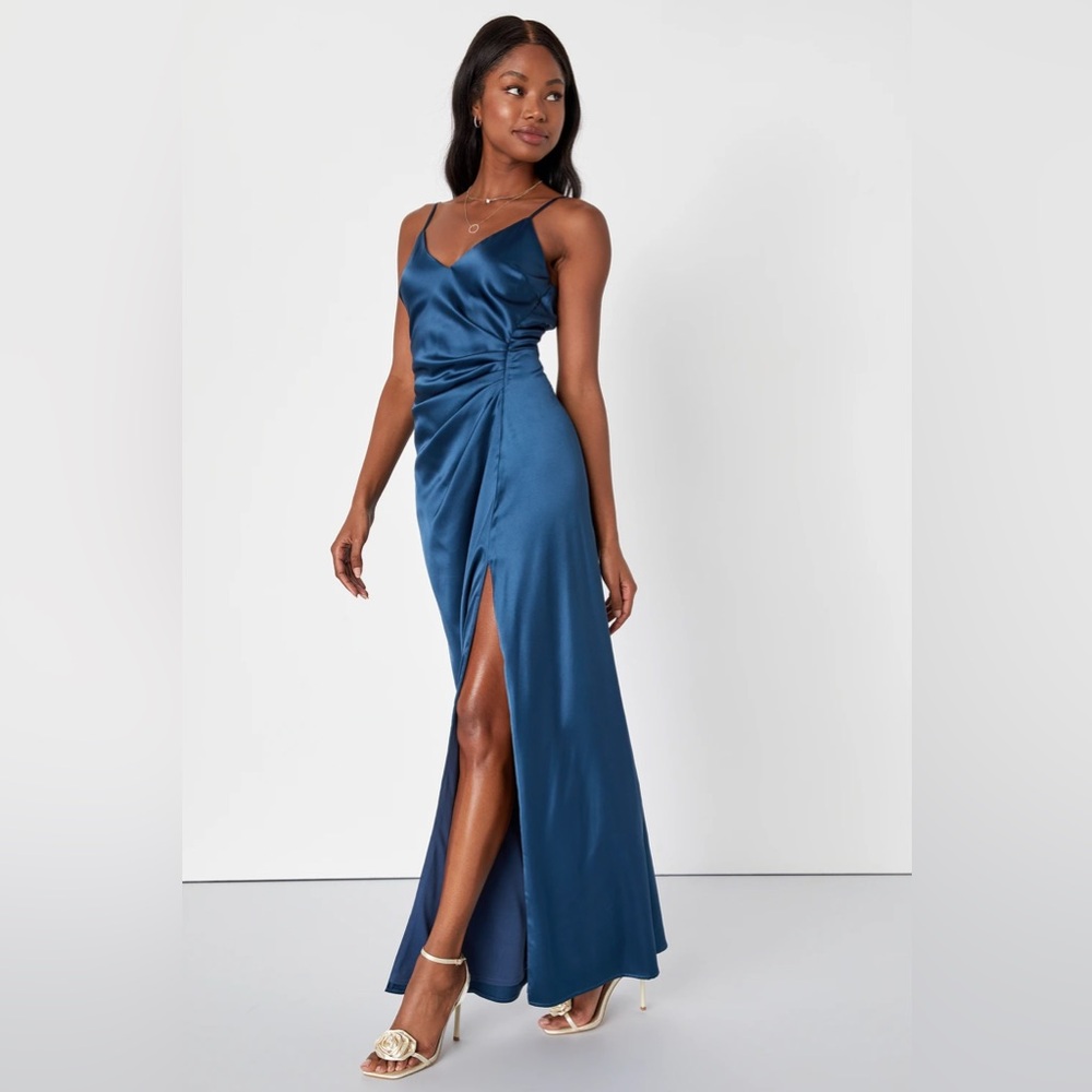 Lulu's Delightful Allure Dark Blue Satin Side Pleated & Slit Backless Maxi Dress